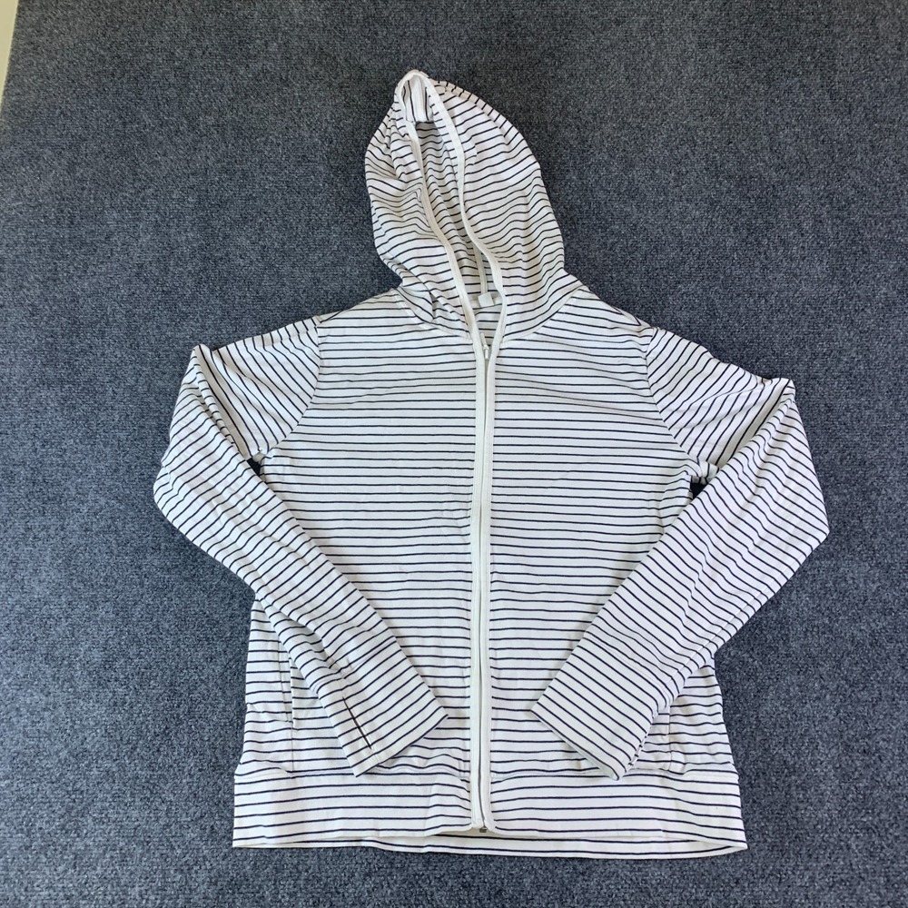 Uniqlo Hoodie Womens Large White Blue Striped Stretch Thumbholes Sleeve Full Zip